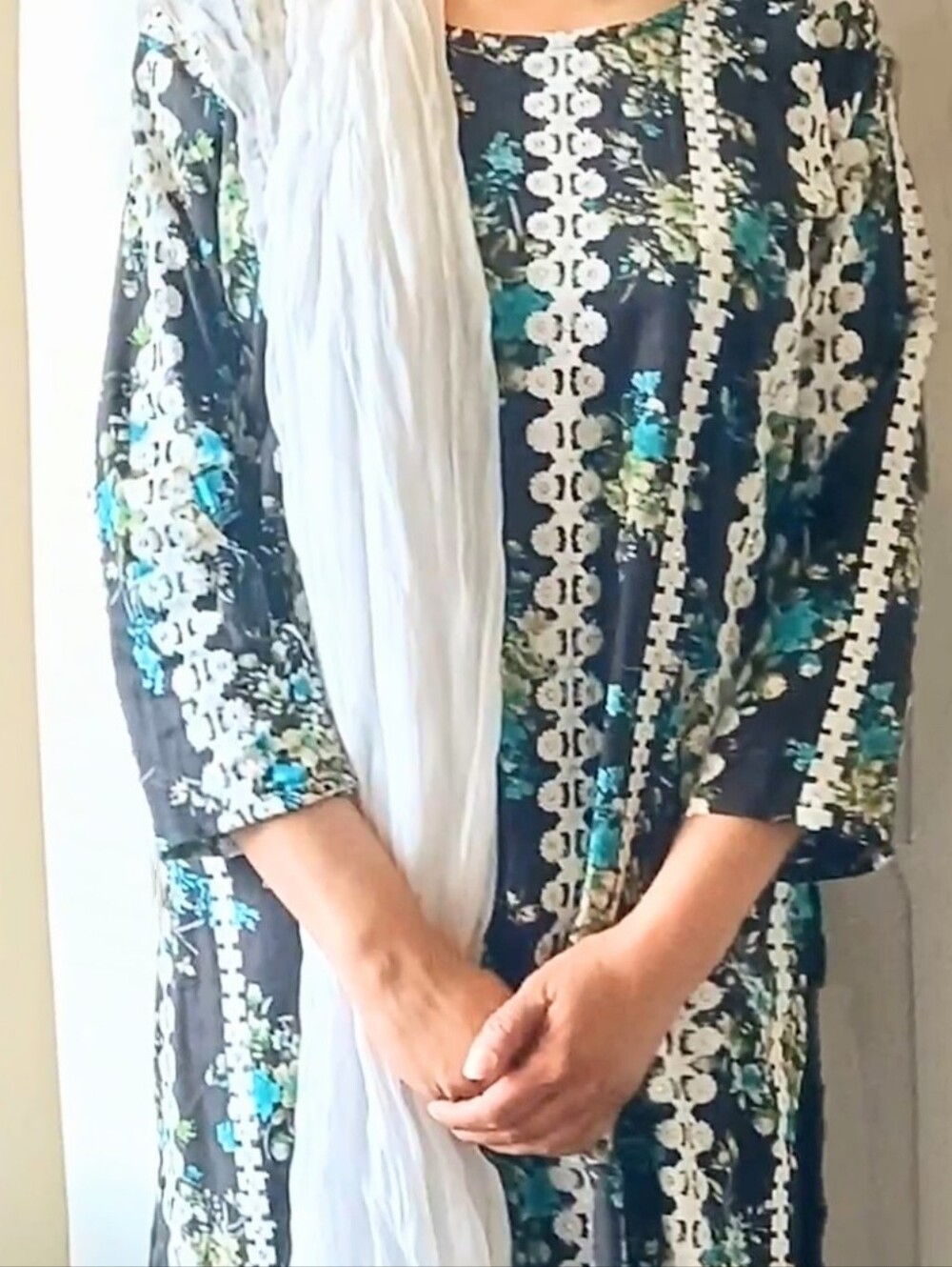 Indian Pakistani Ethnic  Embroidered Dress in Black, White & Teal - Size Medium